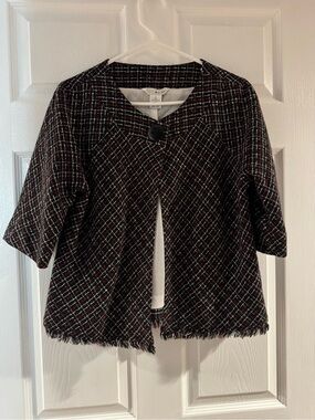 WD.NY Black Tweed Short-Sleeve Fringe Hem Jacket